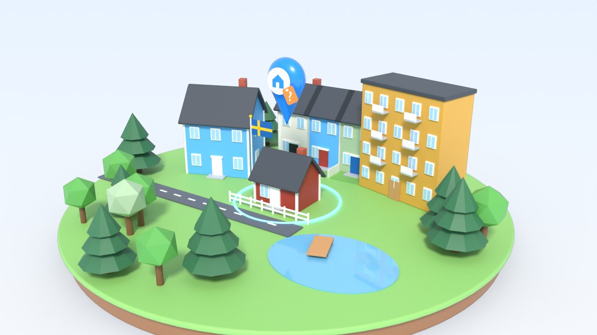 A toy Swedish neighbourhood with a big blue map pin over a red cottage