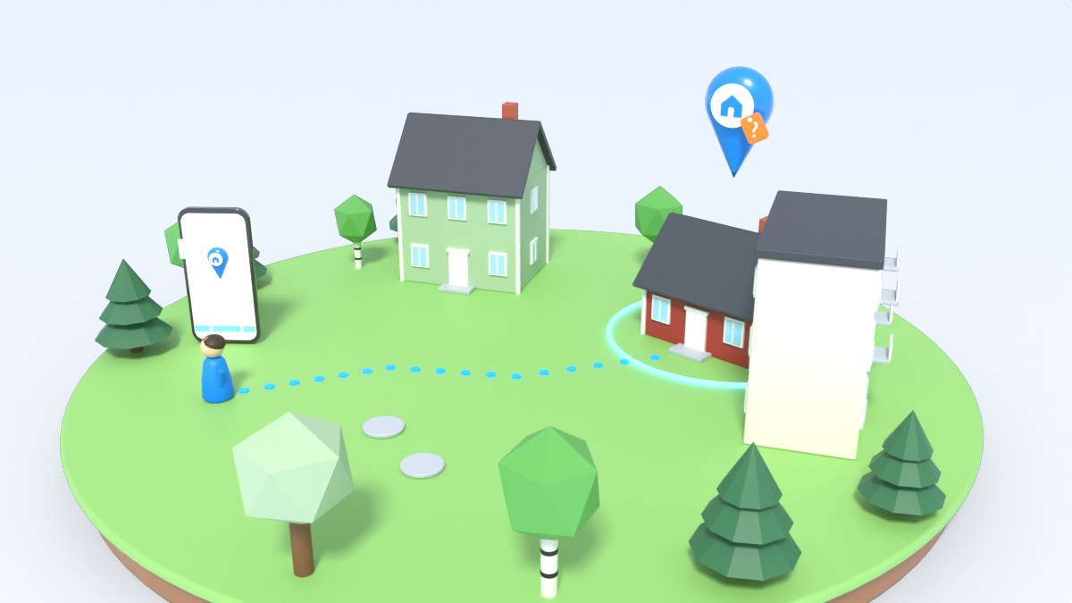 A toy player walks along a dotted route to a red house under a blue map pin