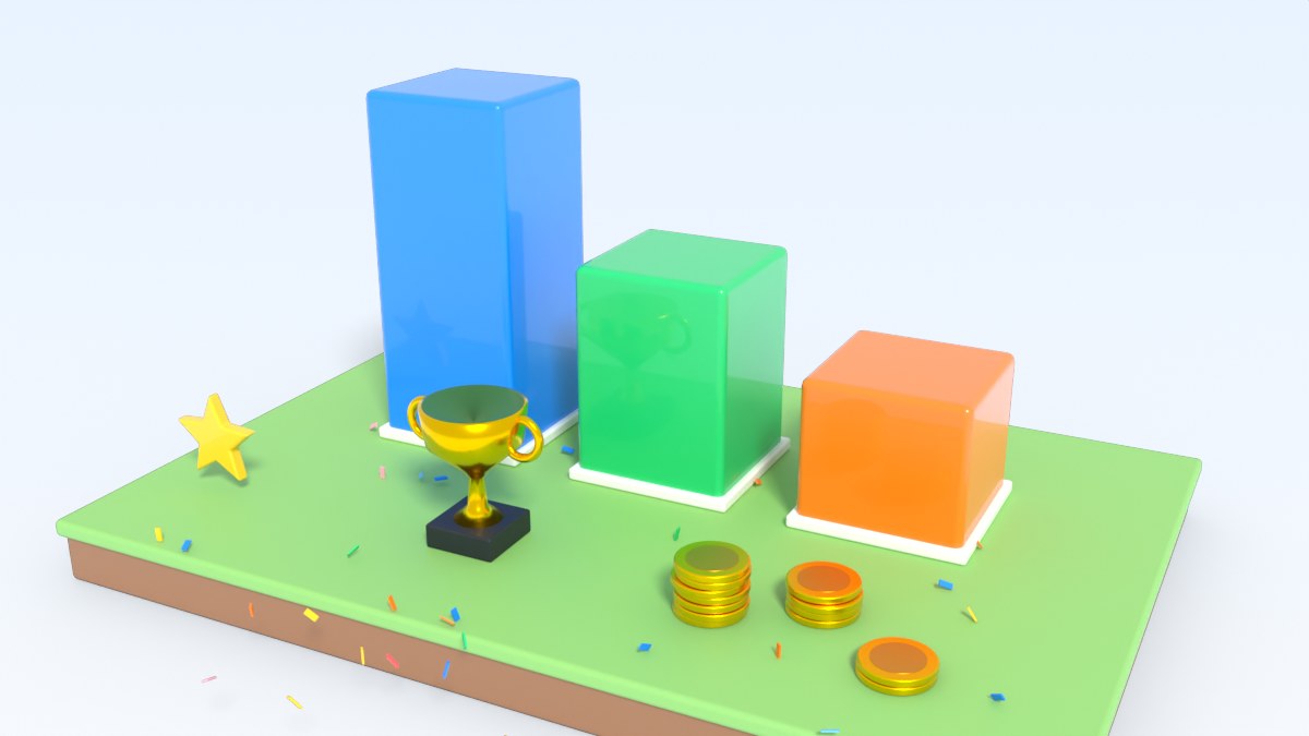 Three towers of different heights stand for distance, accuracy and hint points, next to a gold trophy