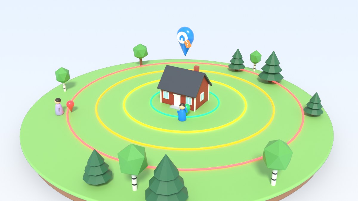 Glowing rings spread out from a red house; one player stands near it and one far away