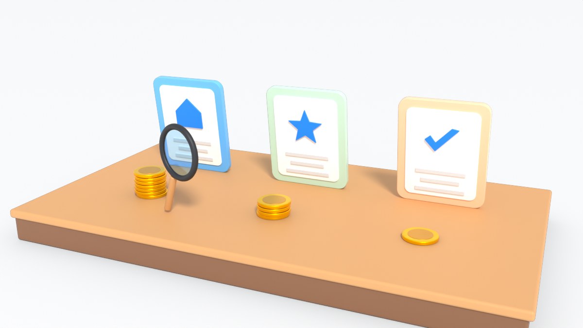 Three clue cards stand on a table, and each card has a smaller stack of coins in front of it