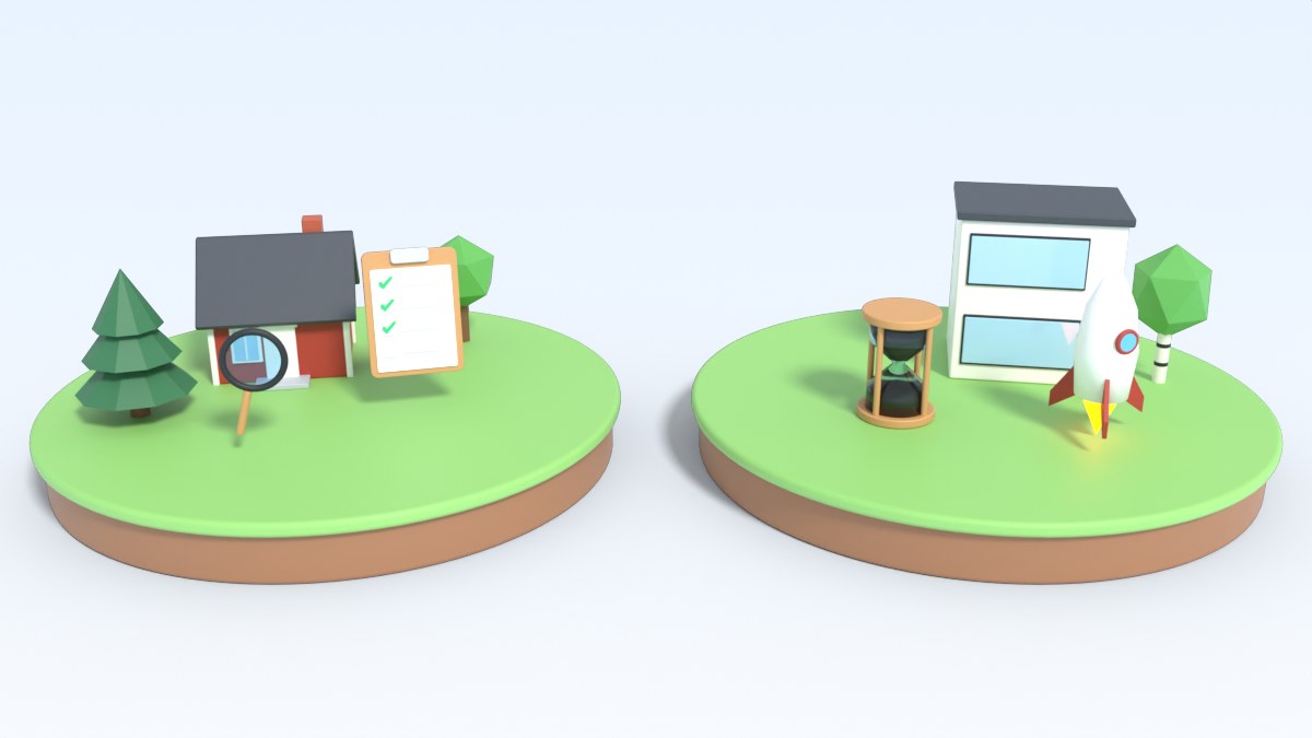 Two small islands: a calm one with a checklist and magnifier, and a fast one with an hourglass and a rocket