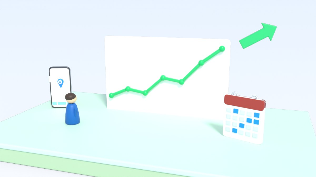 A player looks at a board with a rising line chart, next to a calendar and a phone