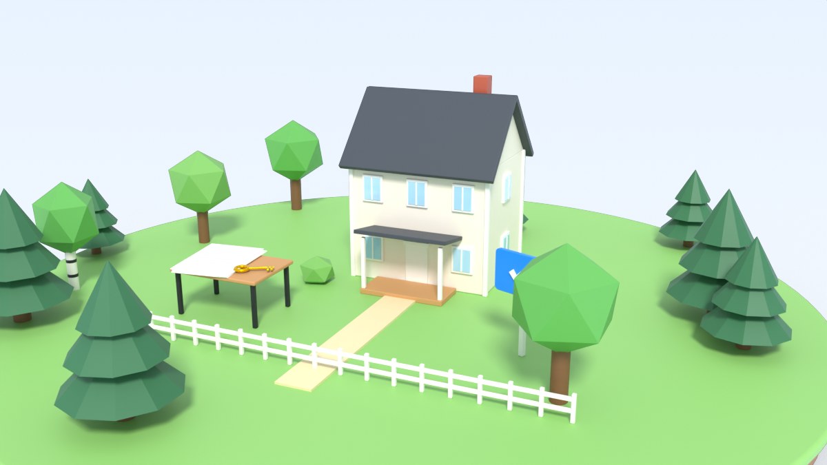 A villa with a blue sign with a check mark in the garden, which shows that the home sold