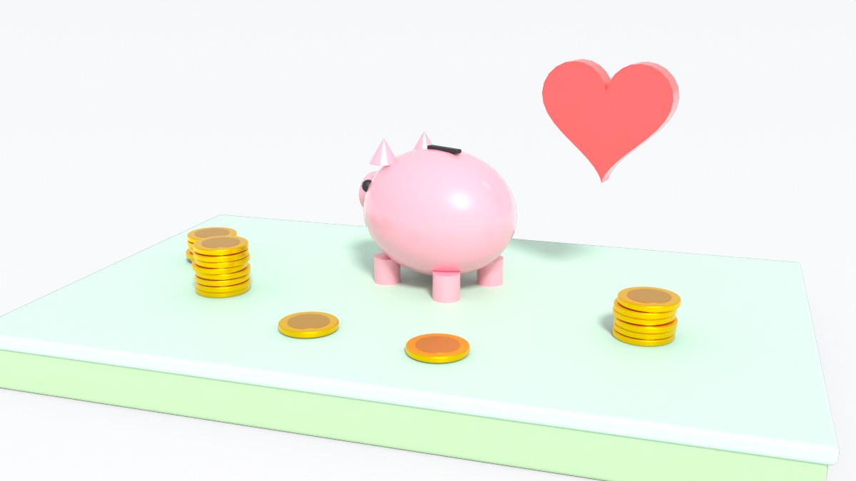 A pink piggy bank sits next to stacks of coins and a red heart