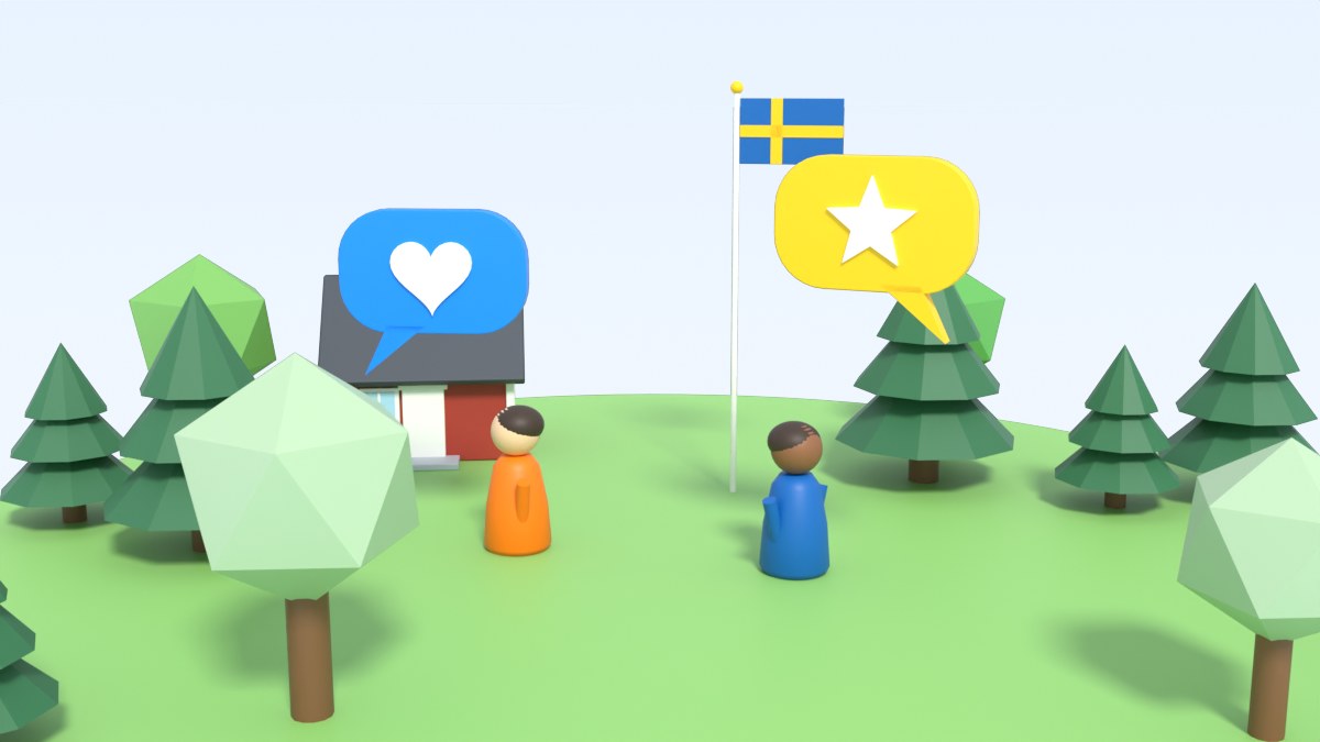 Two players talk with speech bubbles, one blue and one yellow, next to a Swedish flag