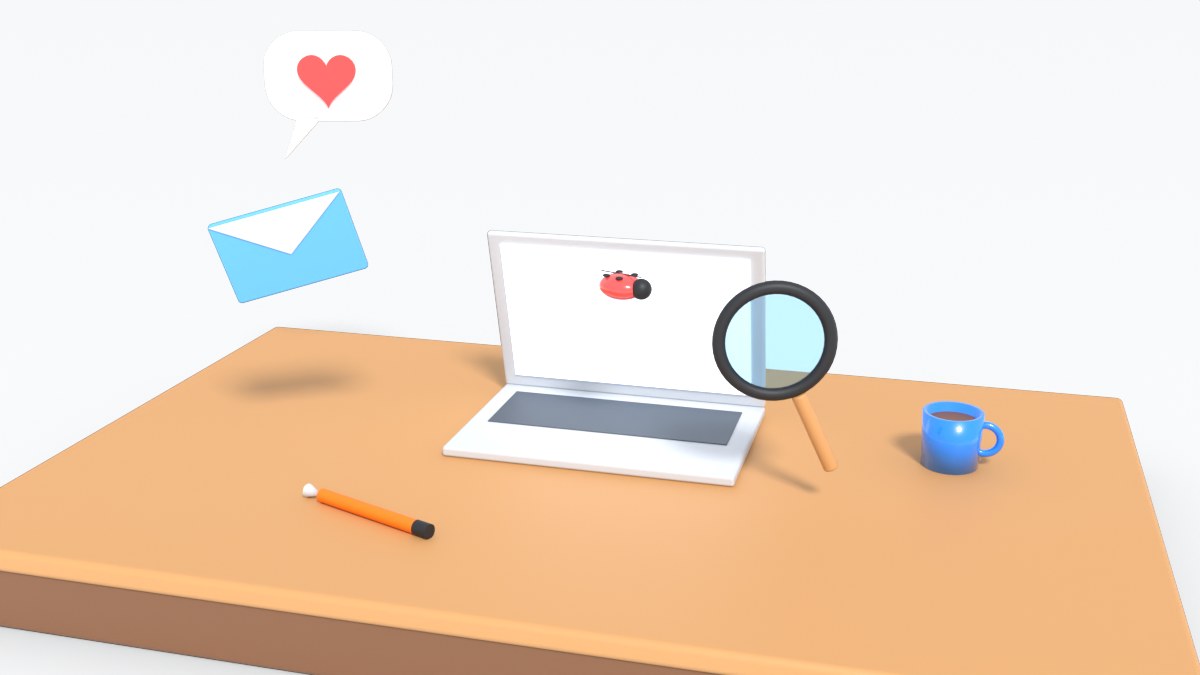 A ladybird sits on an open laptop, next to an envelope and a magnifier on a desk