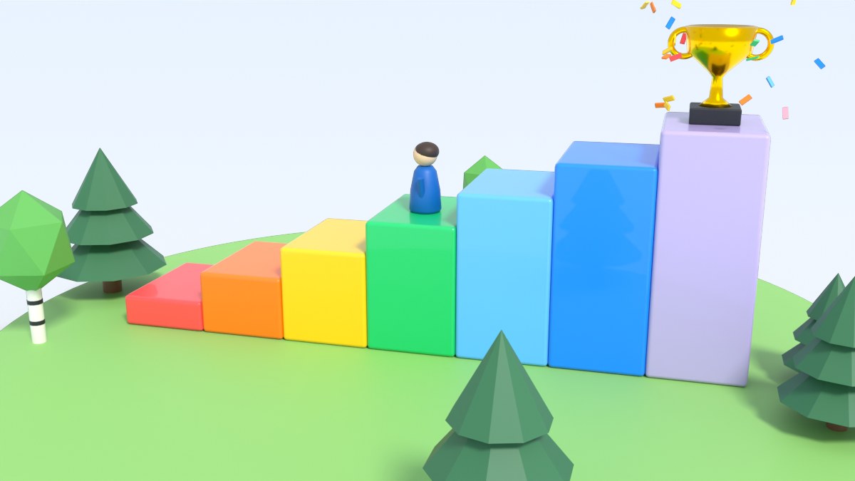 Seven coloured steps climb to a gold trophy, and a player walks up the steps