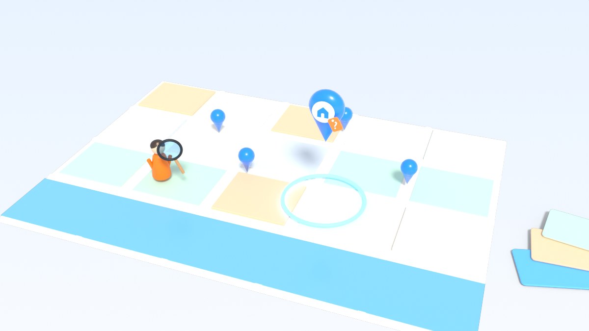 A player with a magnifier stands on a big paper city map with blue pins