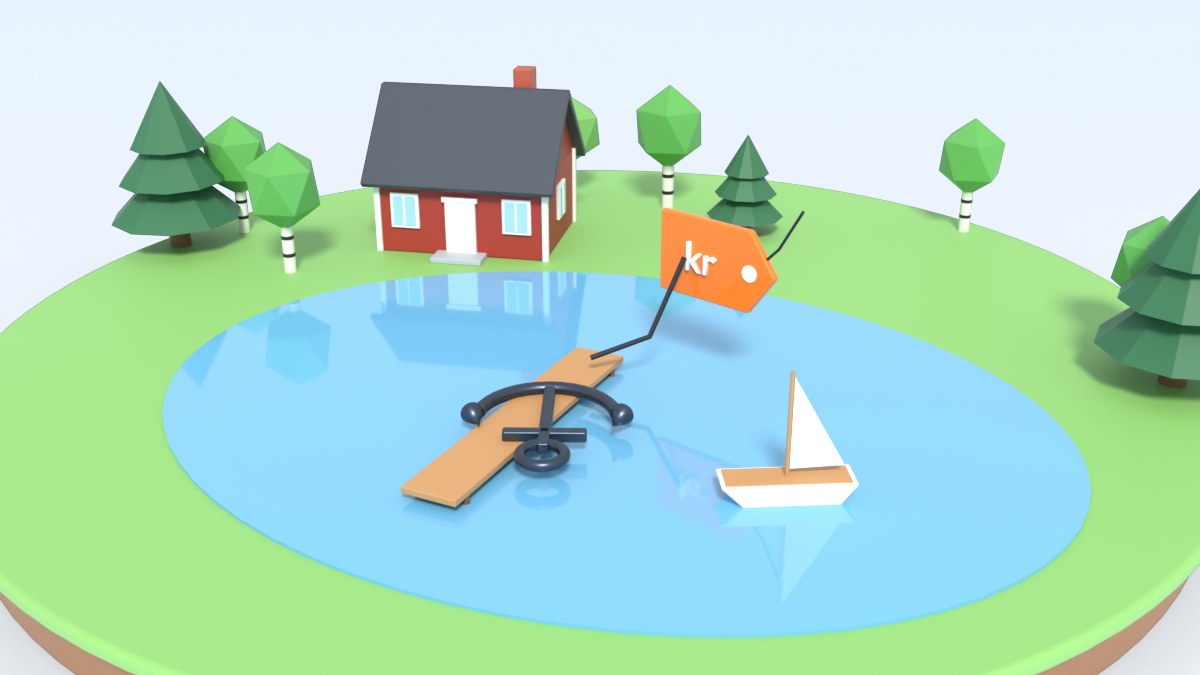 A heavy anchor on a wooden jetty is tied to an orange price tag by the water