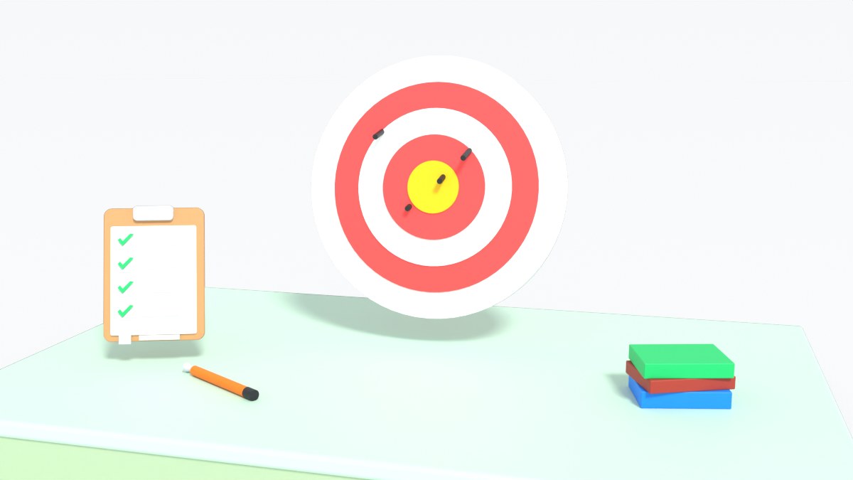 Darts sit near the centre of a red and white target board next to a notebook