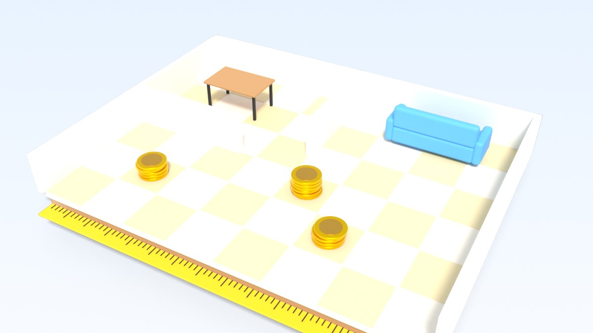 An open floor plan of a flat with a grid of square metres and coins on some squares