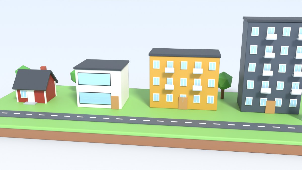 A street of homes from different years: an old red cottage, a 1930s house, a 1960s block and a new building