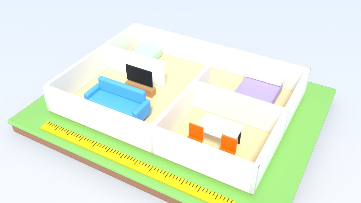 A dollhouse without a roof shows rooms of different sizes with furniture