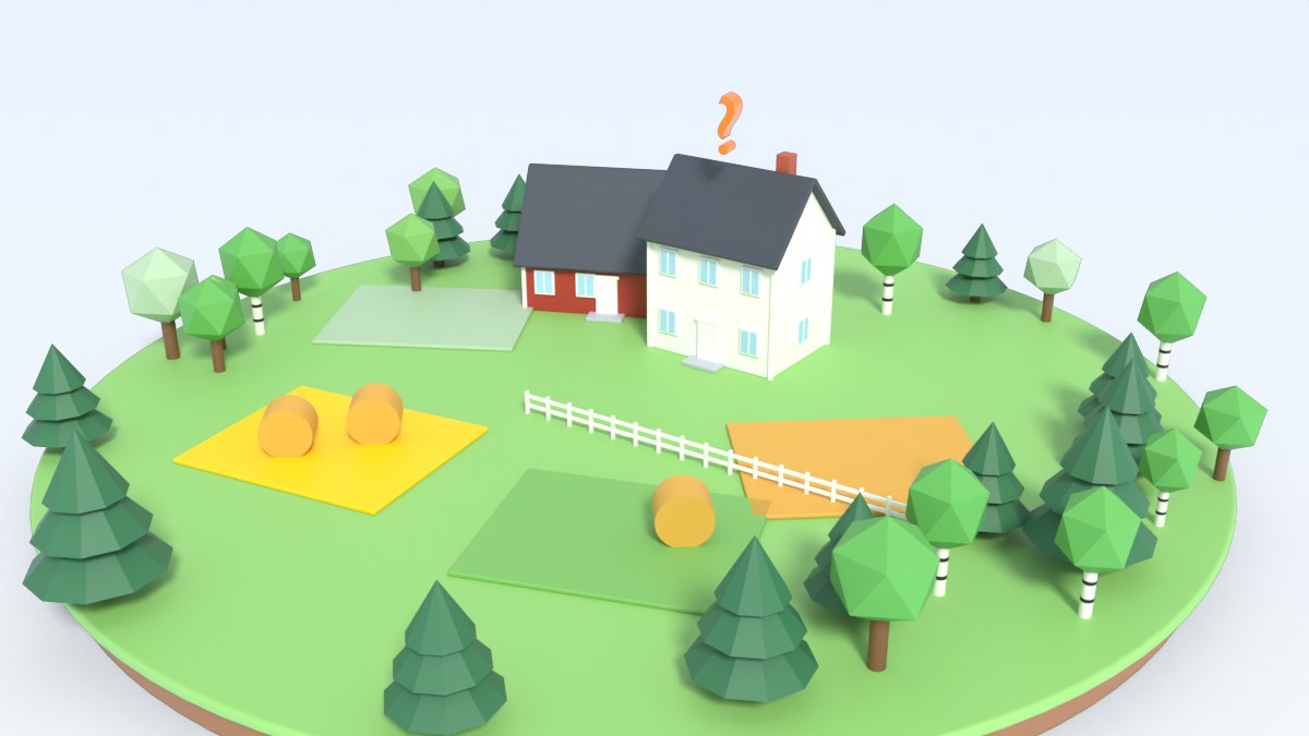 A lone farmhouse and a red barn stand among wide green fields and forest