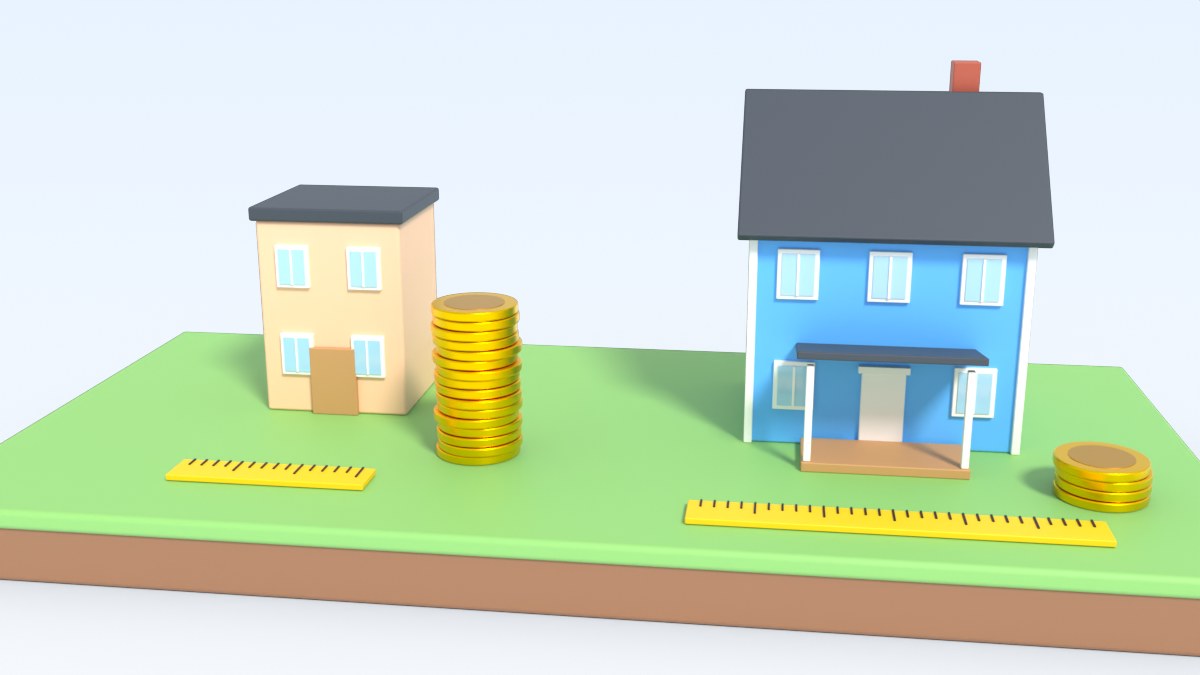 A tiny flat with a tall stack of coins next to a big house with a short stack of coins