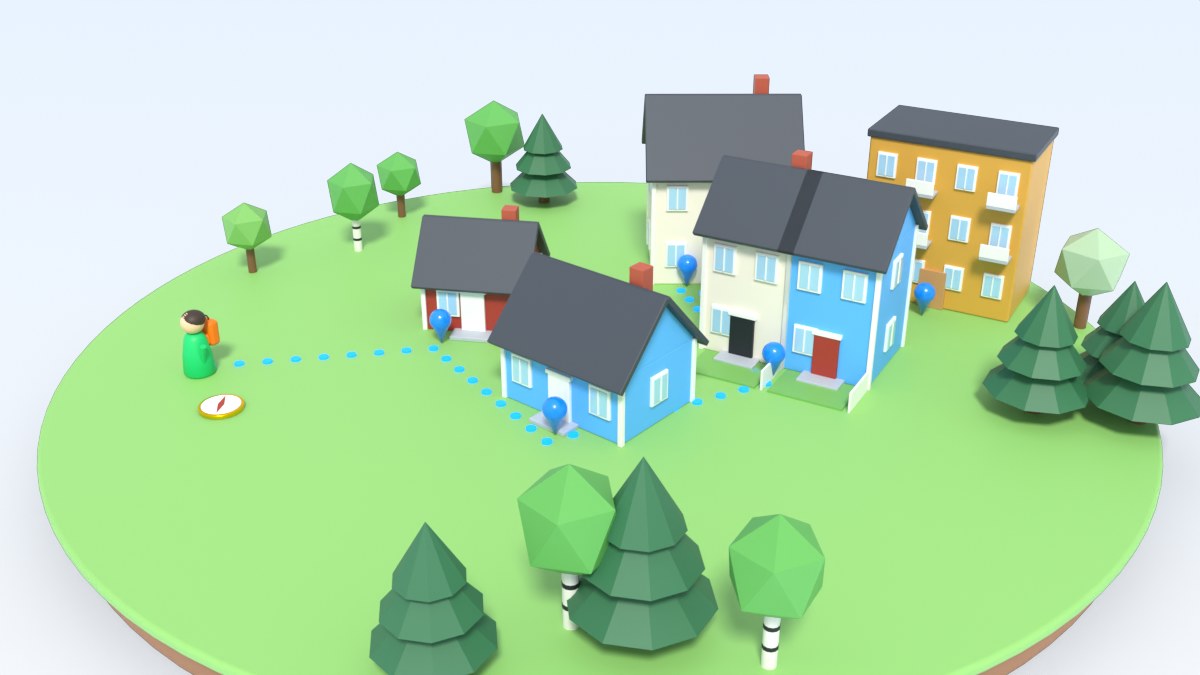 A dotted walking route links several homes with blue pins in a small town