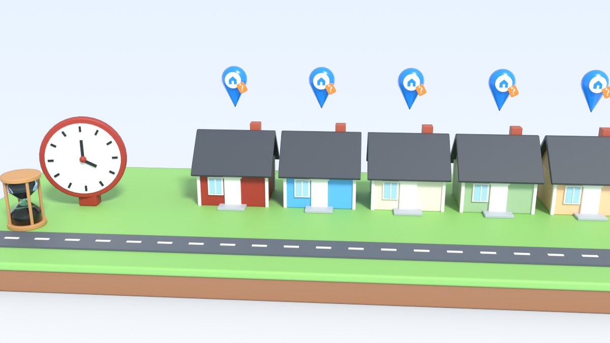 A clock and an hourglass stand next to a row of small homes, each with a blue pin