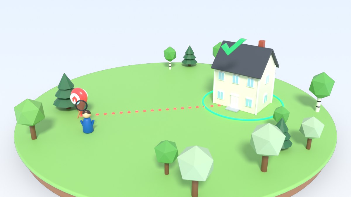 A red guess pin stands far from the real home, and a dotted line shows the gap