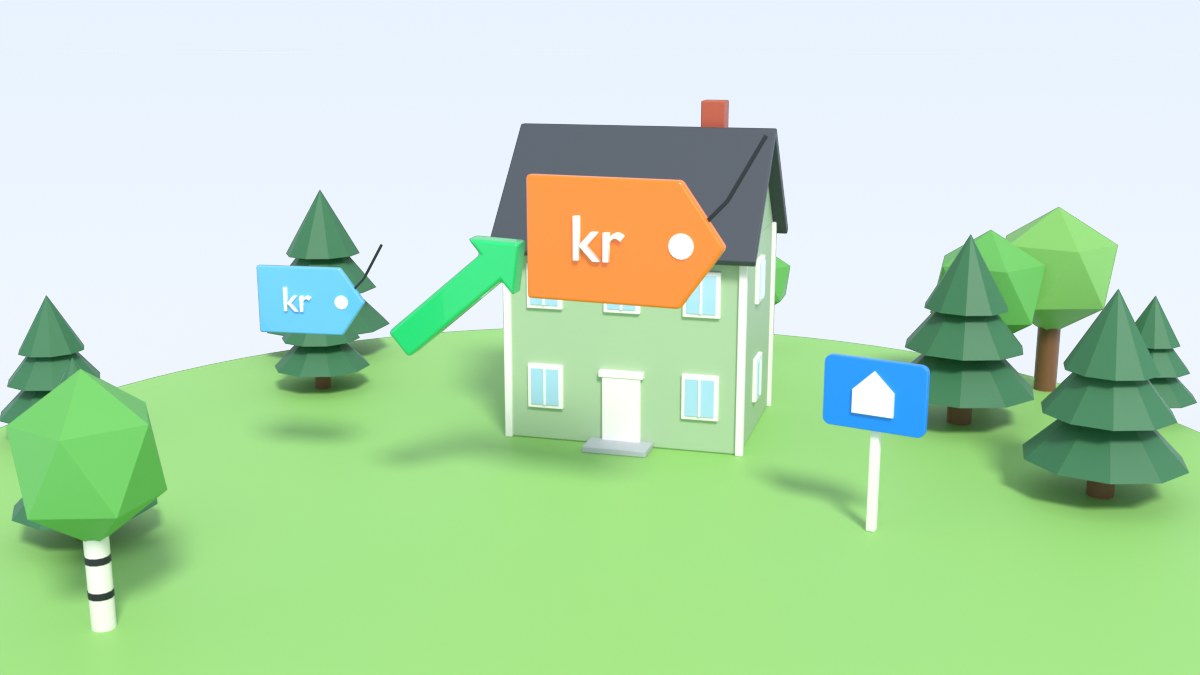 A small blue price tag and a larger orange price tag hang next to a house, with a green arrow up between them
