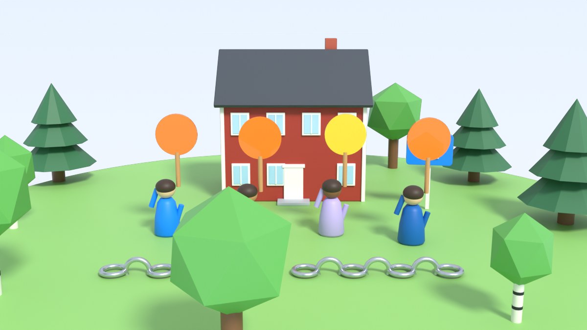 Players hold up orange bidding paddles in front of a house for sale