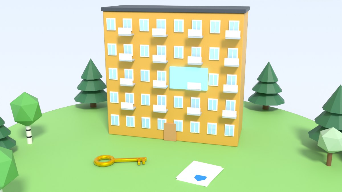 An apartment block in which one flat glows blue, with a large key and a document in front