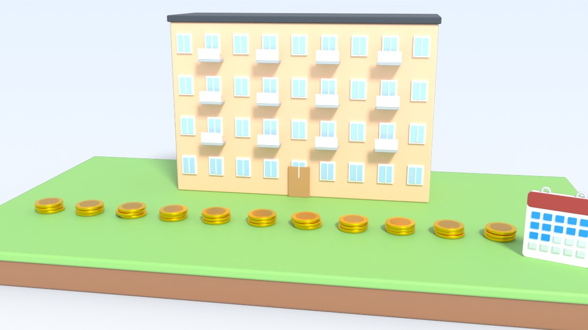 Twelve small stacks of coins, one for each month, stand in front of an apartment block