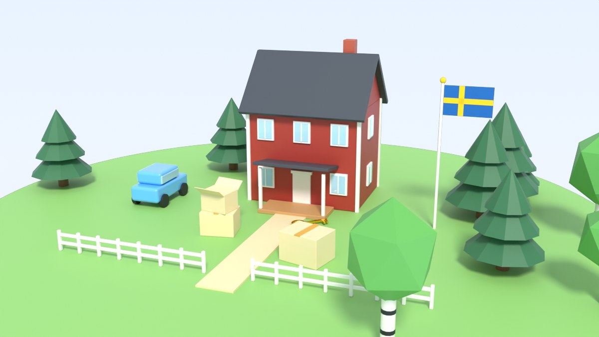 A family house with a garden, moving boxes on the path and a key on the step
