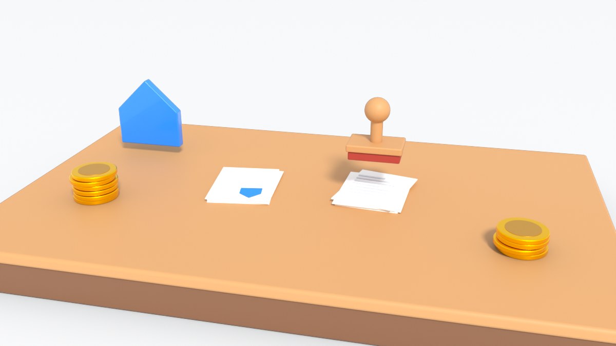 A red stamp stands over two documents on a desk, with stacks of coins and a house symbol