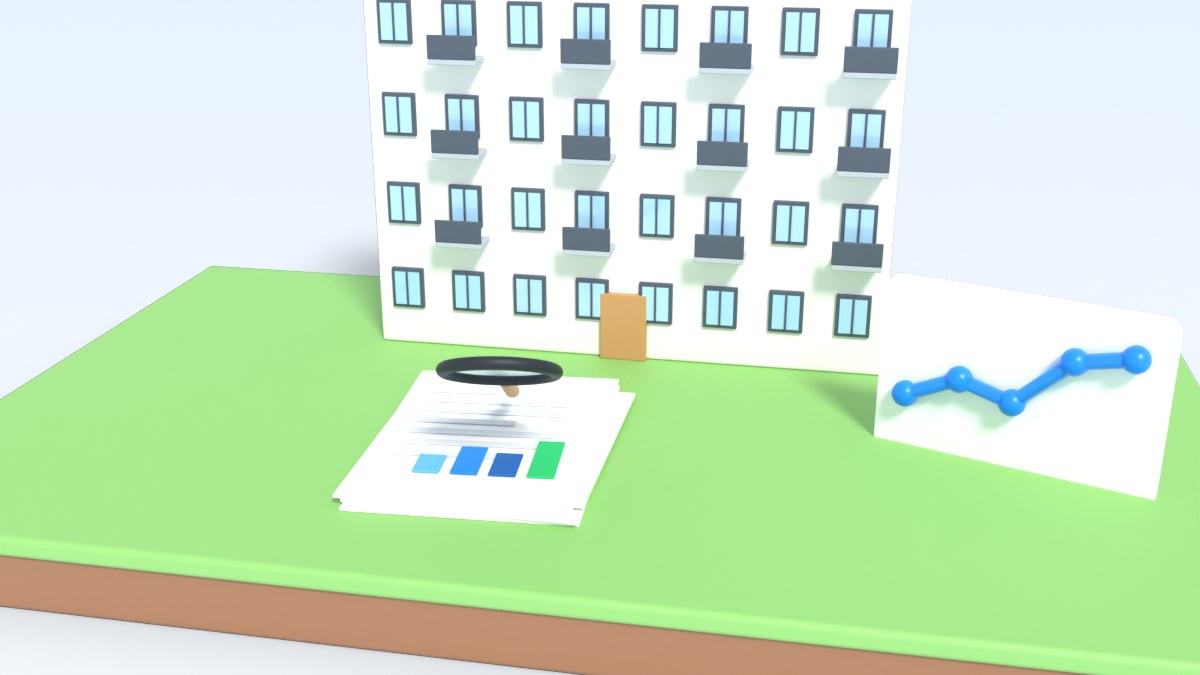 A report with charts lies under a magnifier in front of an apartment block