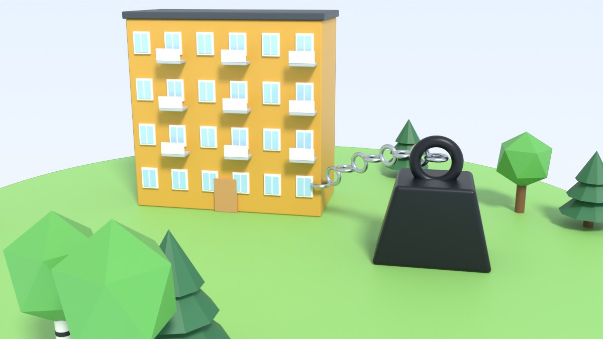 An apartment block is chained to a heavy dark weight on the grass