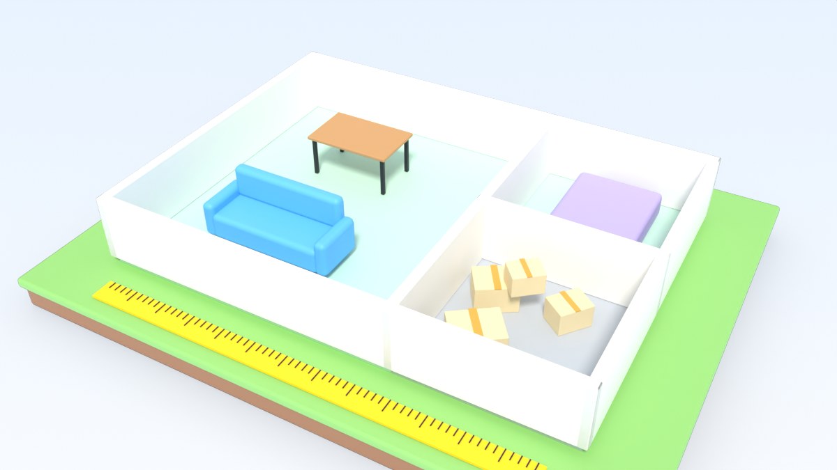 A dollhouse cut open from above: the living rooms have green floors and the storage areas have grey floors