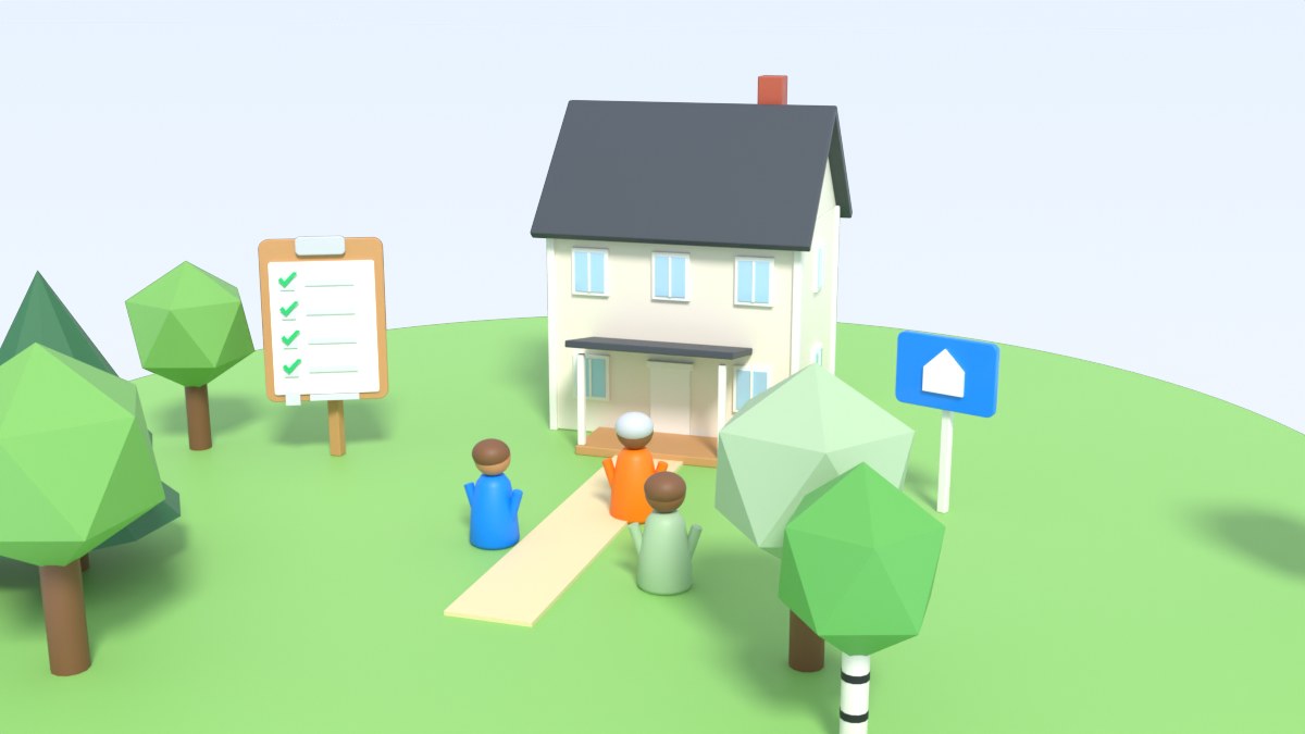 Visitors walk to a house for a viewing, and a big checklist stands in the garden