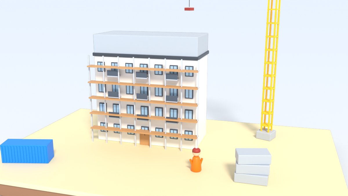 A tower crane works over a new apartment block that is still in scaffolding