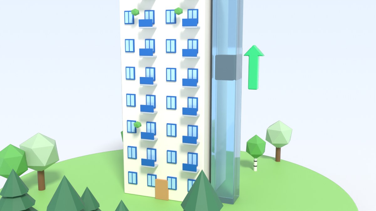 A tall apartment block with a glass lift on the outside and plants on the balconies