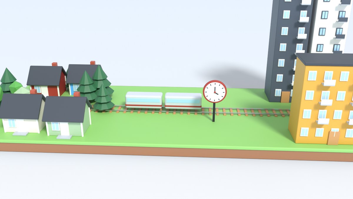A train runs from a small town with houses to a city with tall blocks