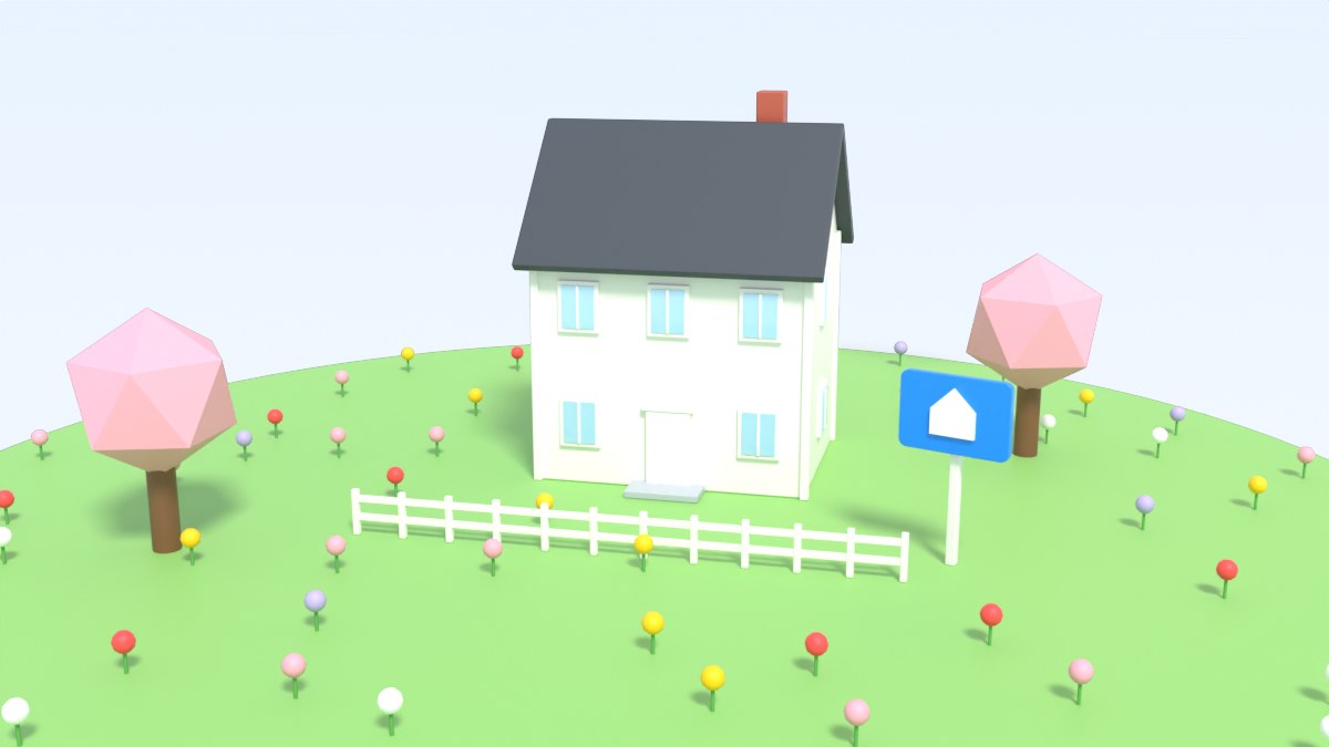 A house with a for-sale sign stands among pink blossom trees and spring flowers