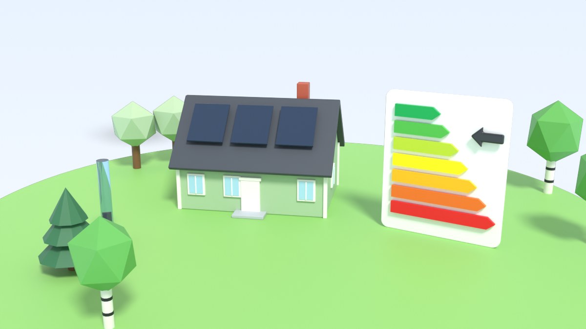 A house with solar panels stands next to a large energy label with coloured classes