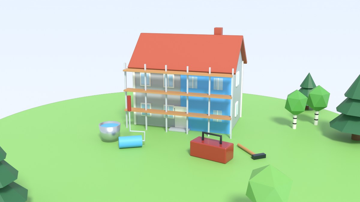 A house in scaffolding with a paint roller, a paint bucket and a toolbox in the garden