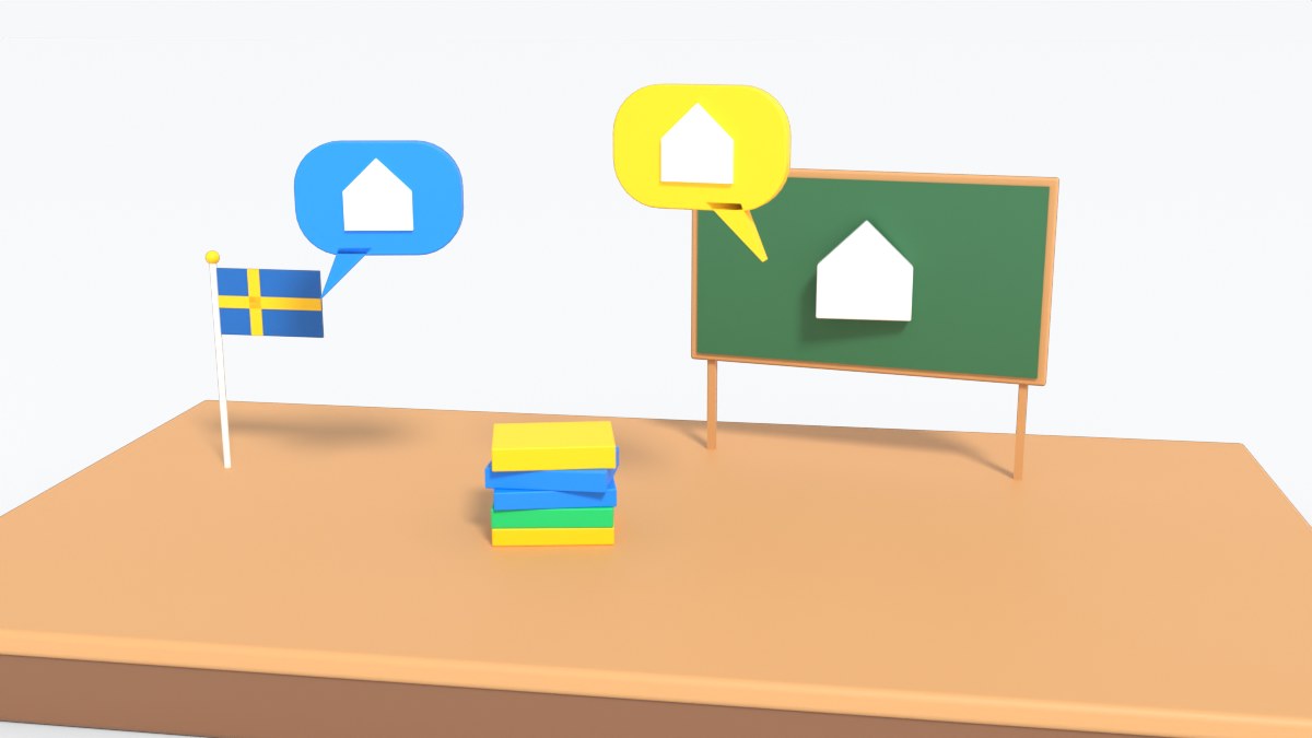 A stack of books, speech bubbles with house symbols and a green chalkboard