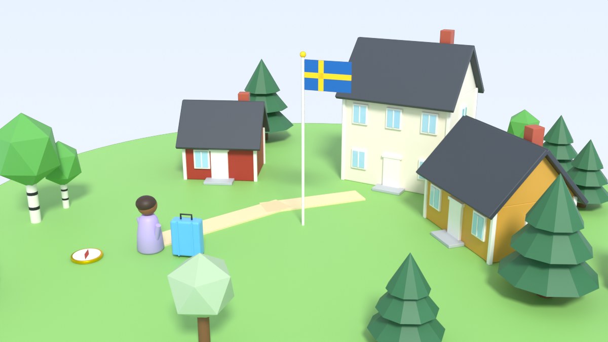 A person with a suitcase arrives at a small Swedish town with a flag and houses