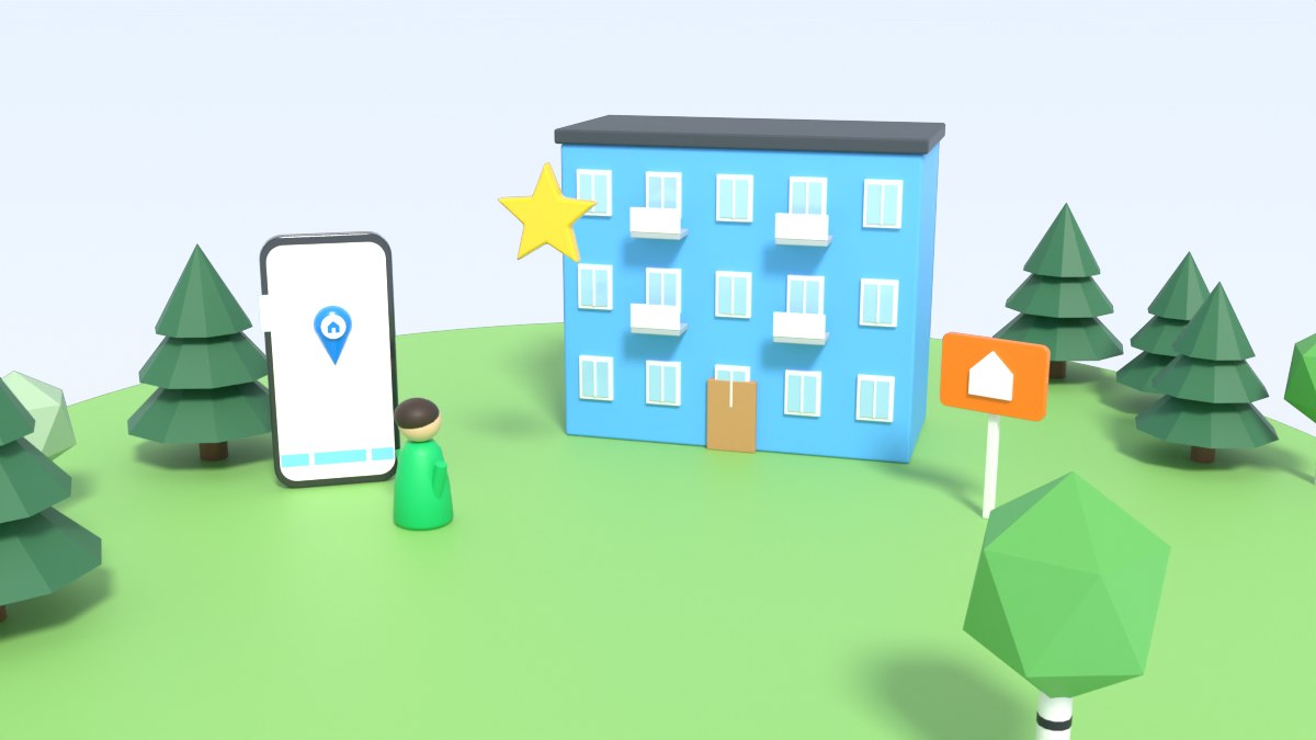A young player looks at a big phone with a map in front of a small block with a for-sale sign