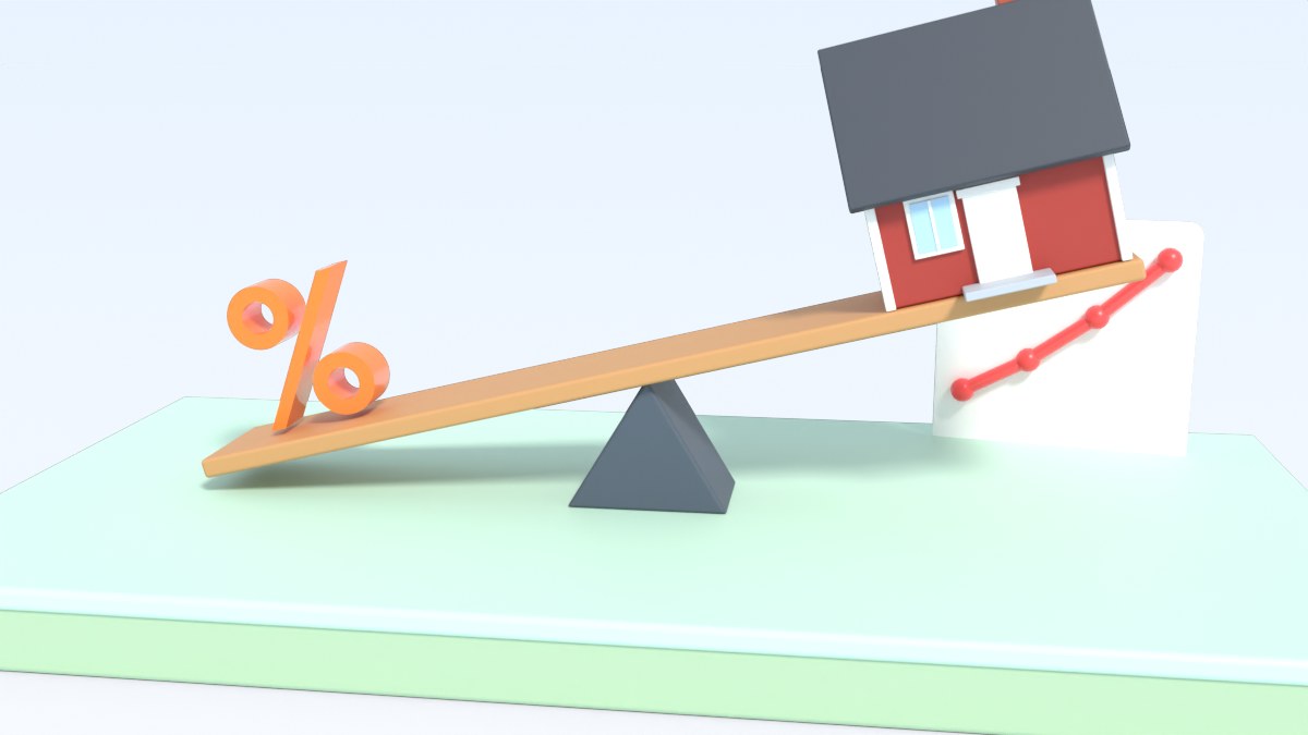 A seesaw holds a house on one end and a large percent sign on the other end
