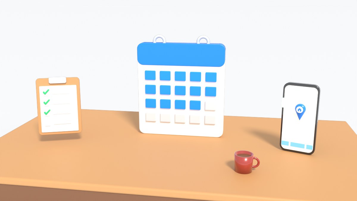 A calendar with fourteen marked days stands next to a checklist and a phone
