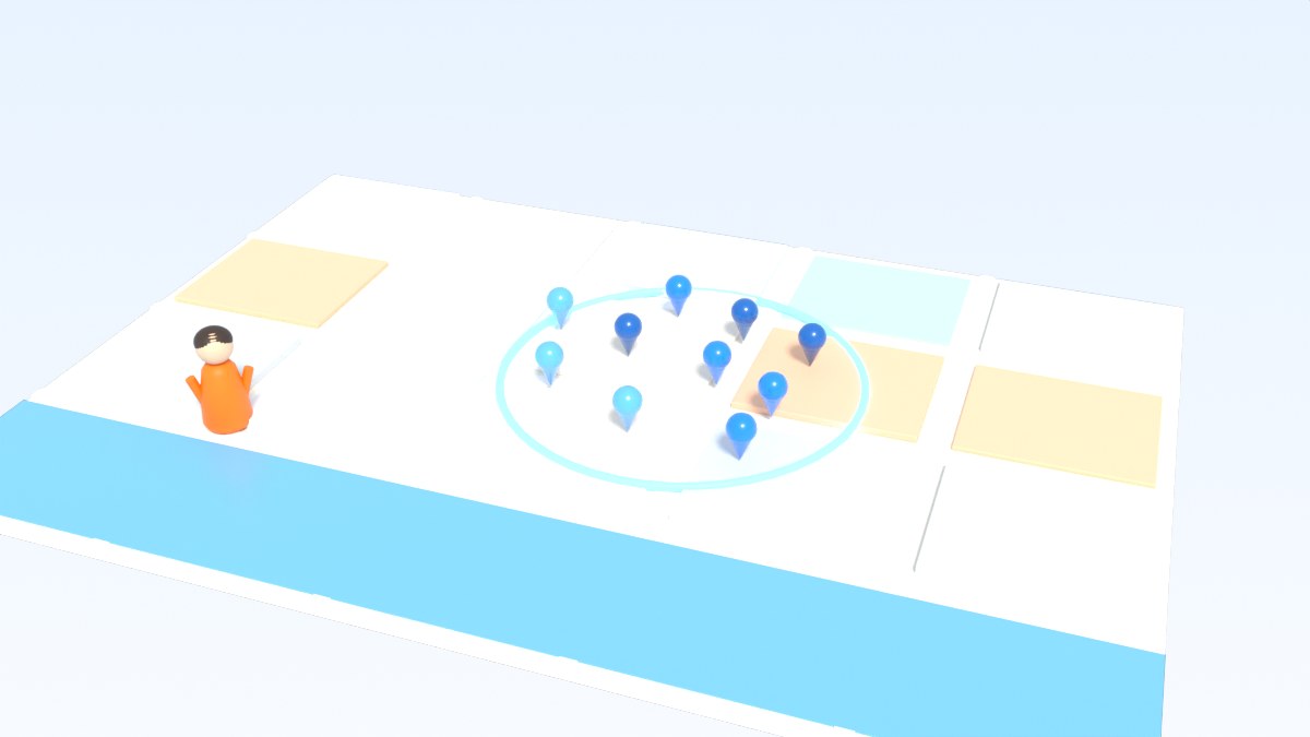 Twenty small blue pins stand close together around one block on a city map