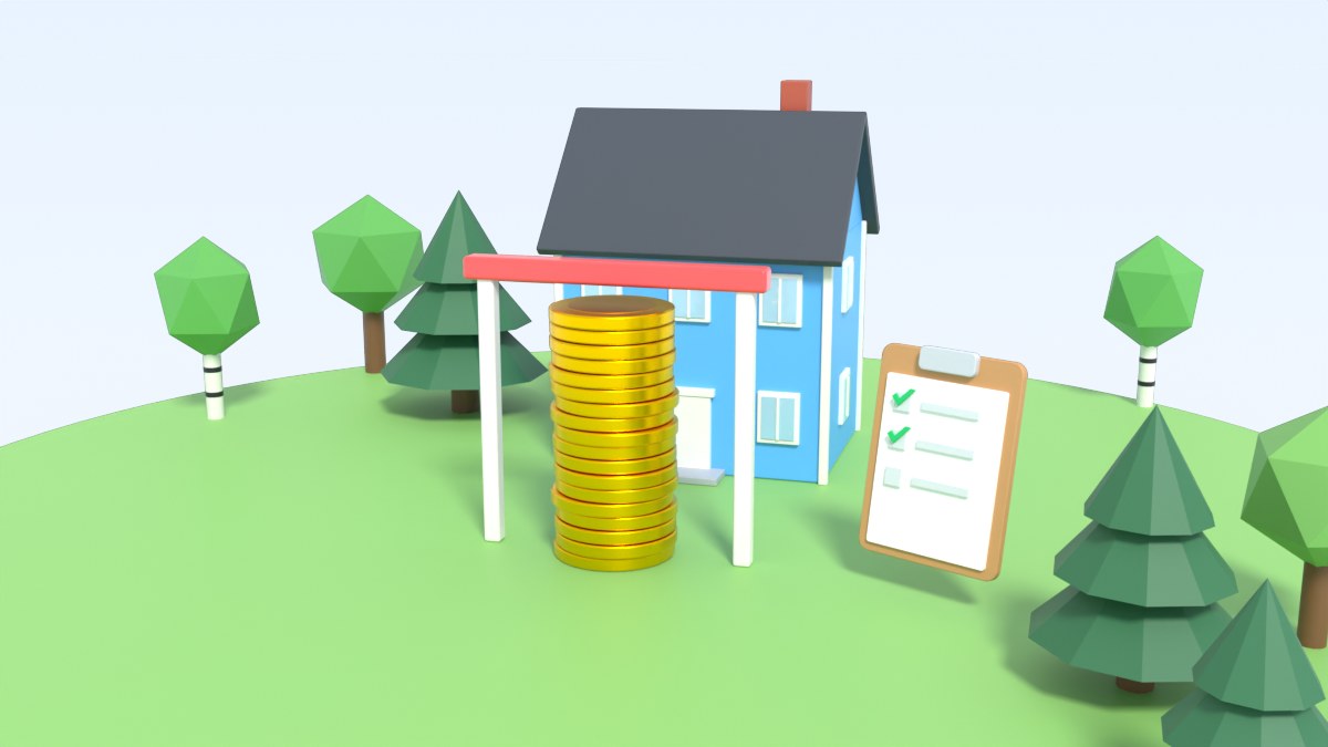 A red bar on two posts marks the limit over a tower of coins in front of a house