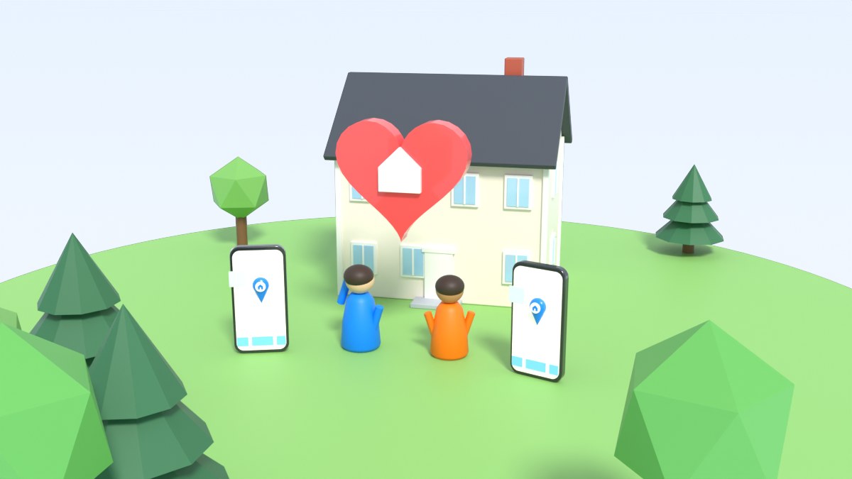 Two people stand together under a big red heart in front of a house