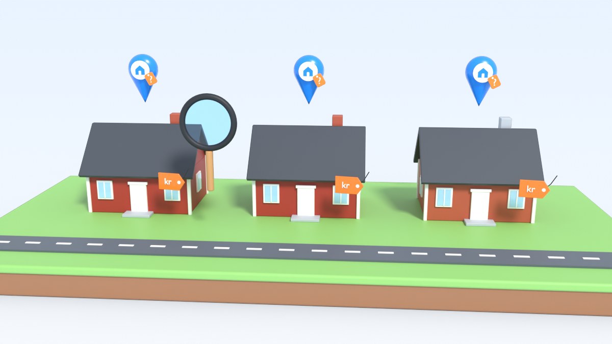 Three similar houses stand in a row, each with a blue pin and an orange tag