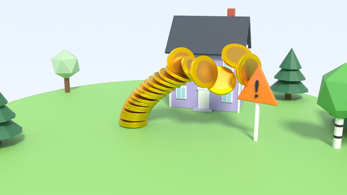 A tall tower of coins leans and falls next to an orange warning sign
