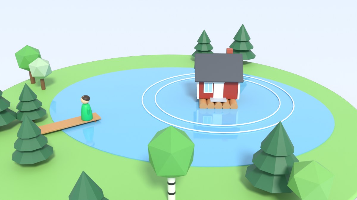A house on a raft floats away from a jetty while a player stands at the end of the jetty